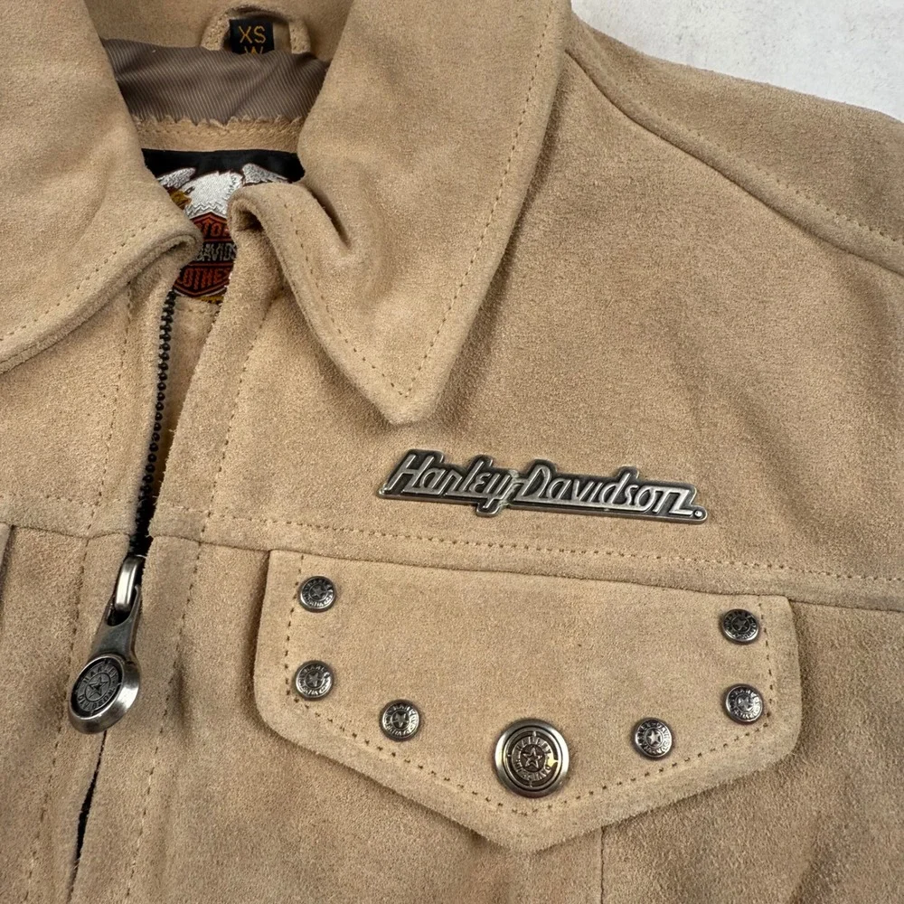 Harley Davidson Suede Leather Jacket Women's XS Embellished Motorcycle Biker Tan - Picture 4 of 10